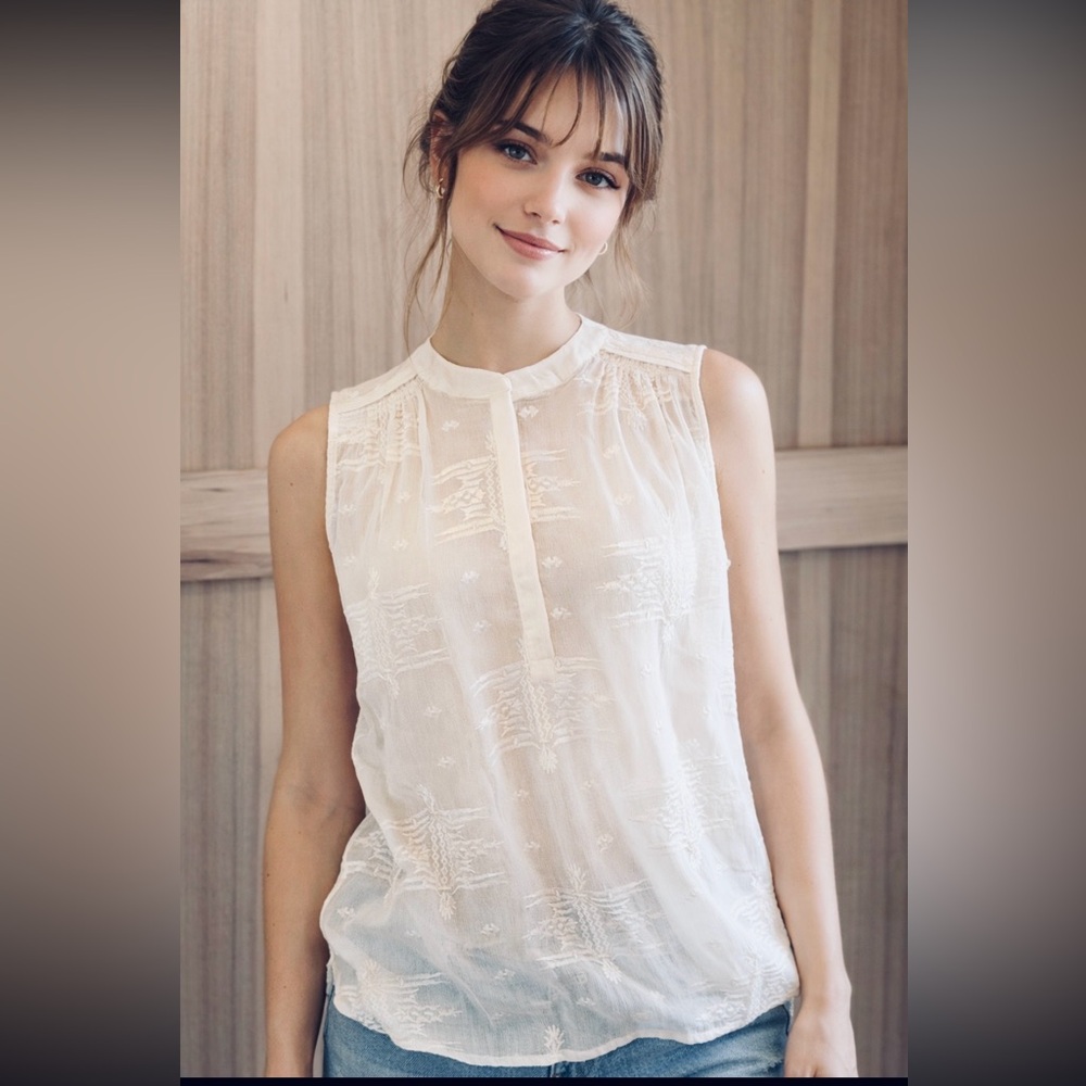 Chaus Sheer High/Low Embroidered Top. Sleeveless | Ivory | Chic Women’s Sz-S